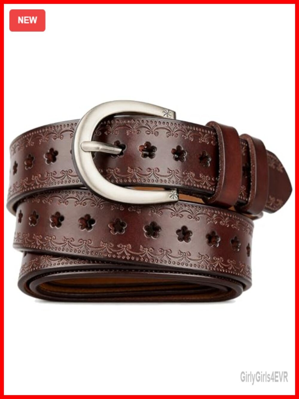 Genuine Leather Floral Hollow Belt Engraved Embossed Western Pin Buckle